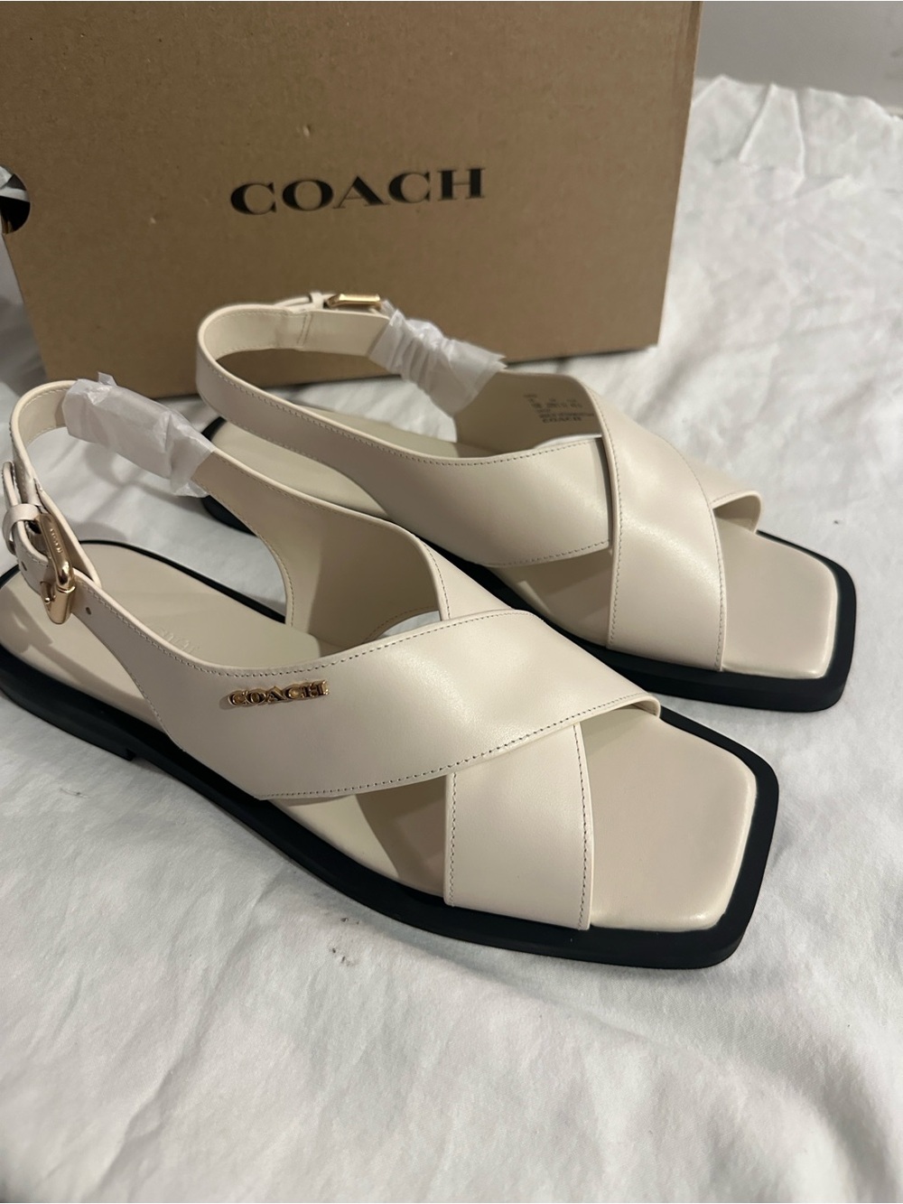 COACH Cream Leather Cross-Strap Slingback Sandals with Gold Logo